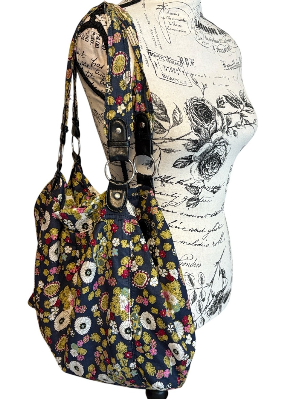 Amici Accessories Floral Cotton Cloth Boho Hobo Tote Bag Blue Multi